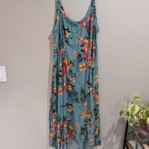 Teal Floral Hi-Lo Dress with Pink & Yellow Blooms
